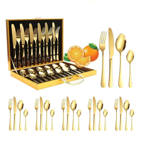 Yindella 24 PCS Gold Plated Cutlery Set with Wooden Box Stainless Steel Flatware Utensil Knife, Fork, Spoon with Storage Case for Wedding Festival Christmas Party Dinner Table