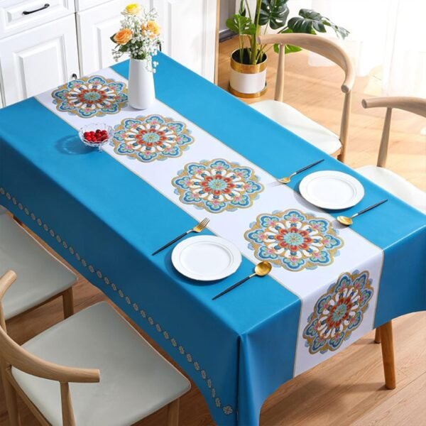 Yindella PVC Dining Tablecloth Cover Waterproof Oil-Resistant Rectangular Kitchen Table Cloth with Clear Flower Printing Texture for 4 to 6 Seater (Flower-Blue, 140 * 180cm)
