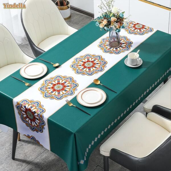 Yindella PVC Dining Tablecloth Cover Waterproof Oil-Resistant Rectangular Kitchen Table Cloth with Clear Flower Printing Texture for 4 to 6 Seater (Flower-Green, 140×220cm (55.1×86.6 inch)