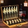 Yindella 24 PCS Gold Plated Cutlery Set with Wooden Box Stainless Steel Flatware Utensil Knife, Fork, Spoon with Storage Case for Wedding Festival Christmas Party Dinner Table - Image 6